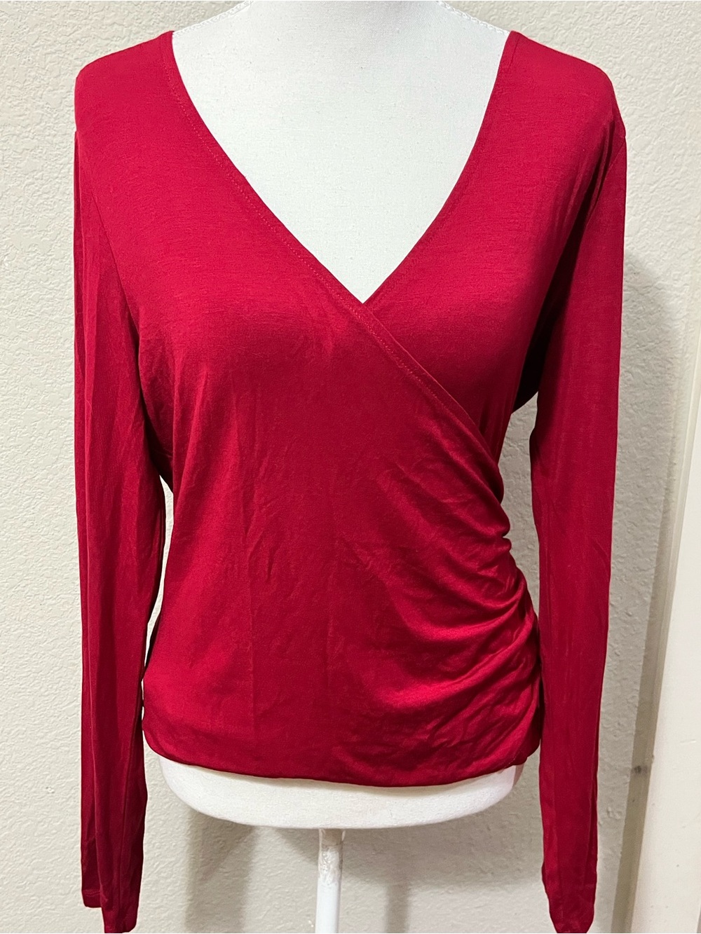 Ann Taylor’s Loft Women's Long-Sleeve Surplice Wrap Top in Deep Red